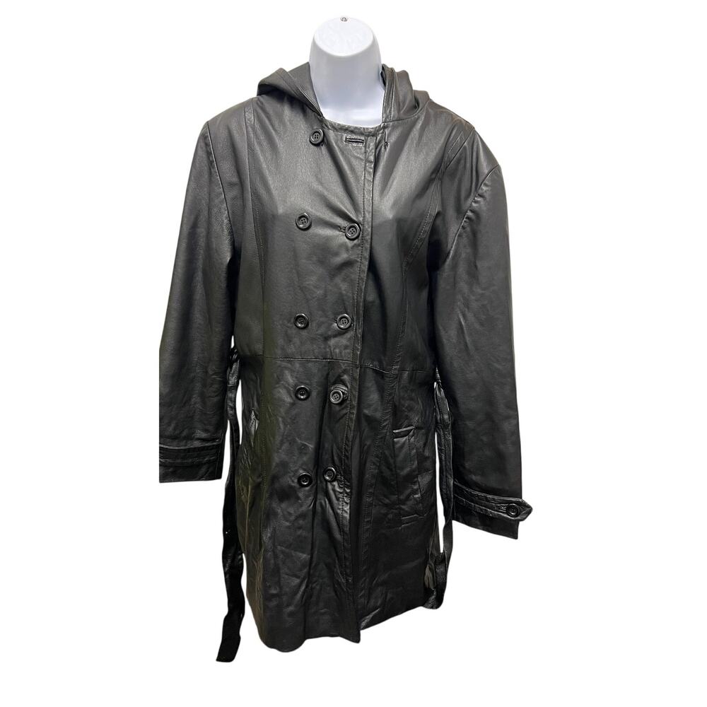 Vintage 90s Giorgio Sant'Angelo Black Hooded Belted Y2K Leather Trench Coat M - Picture 1 of 4